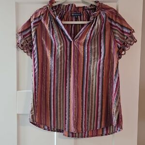 Democracy Multicolor Striped Crochet-Trim Peasant Top- 100% Cotton